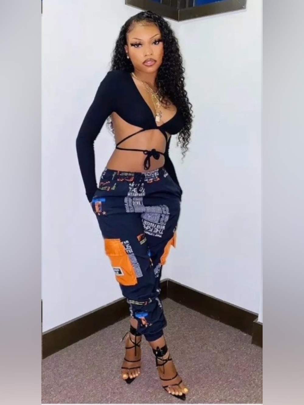 Black & Orange Graphic Cargo Pants